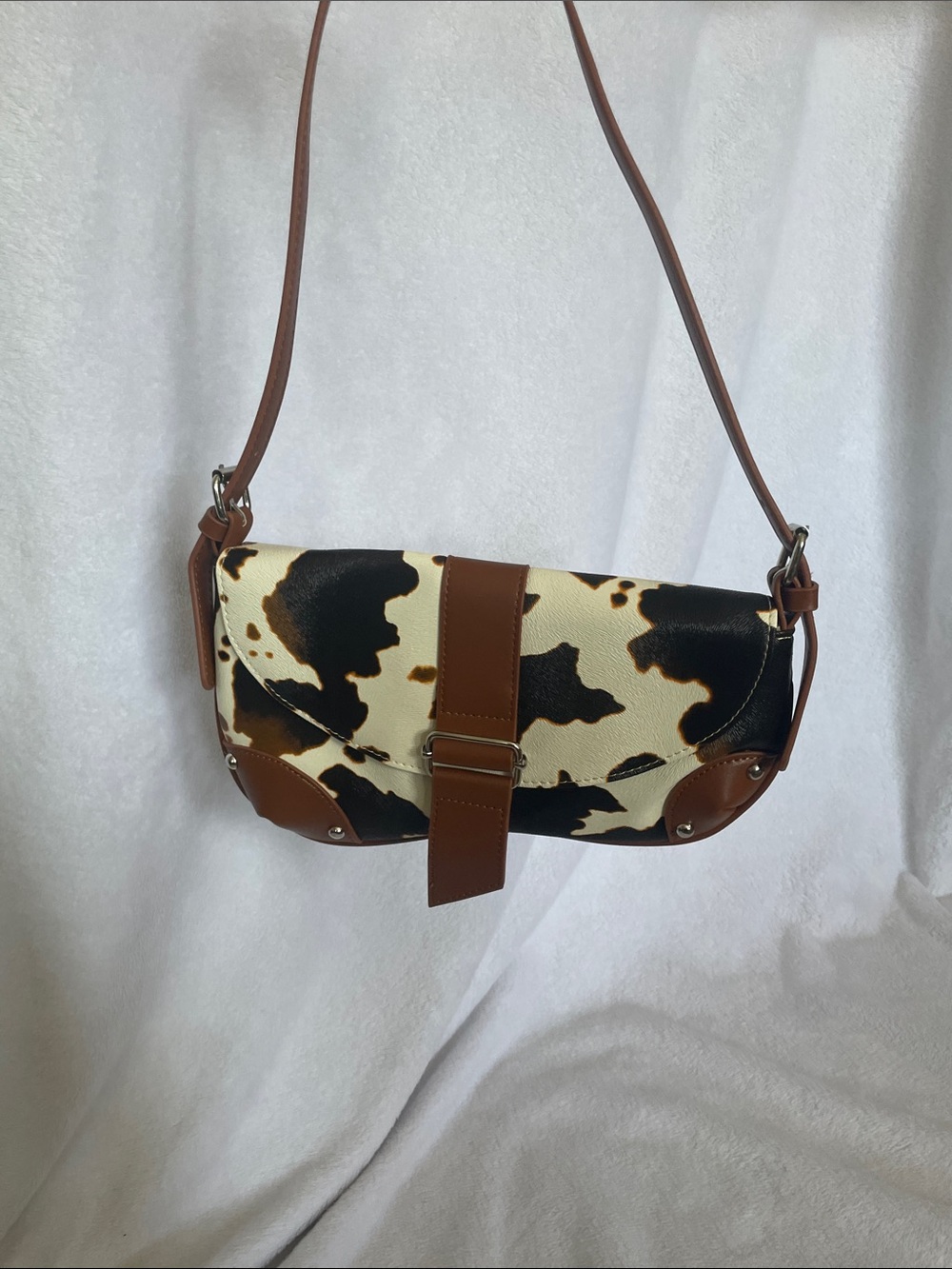 Western Black and Cream Cow Print Shoulder Bag with Brown Trim